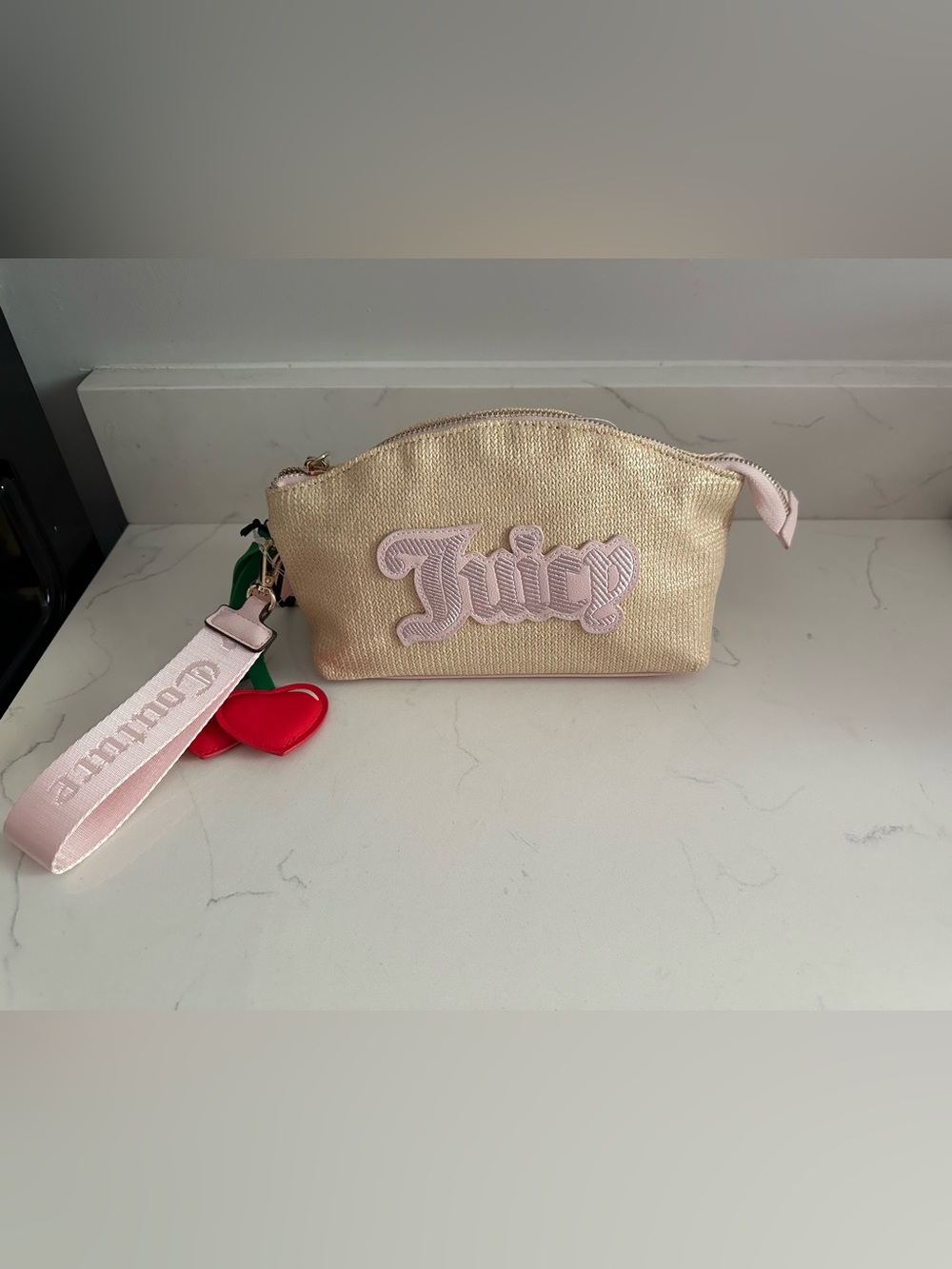 Juicy Couture Gold Cosmetic Pouch with Pale Pink Logo and Strap